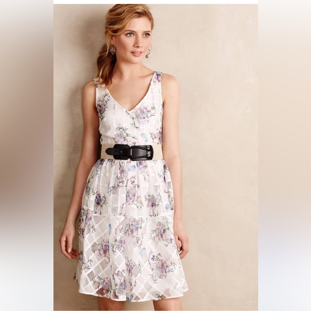 Anthropologie Maeve Peony Fit and Flare Floral White Sleeveless Dress 6P